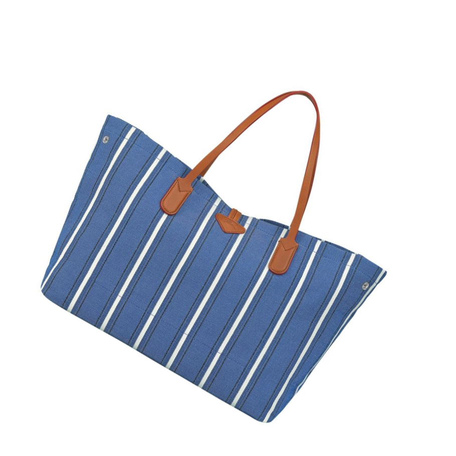 Longchamp Roseau Essential Rayé L Schultertaschen Damen Blau | DE-EDO1904